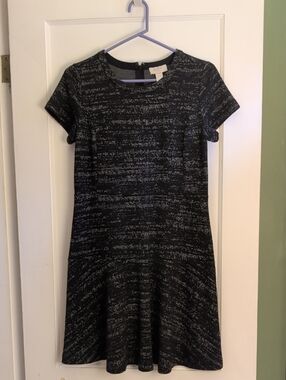 LOFT Black and Gray Short Sleeve Textured Fit-and-Flare Dress